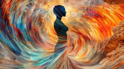 Poster - Dynamic artistic representation of female silhouette amidst colorful swirls abstract art digital illustration surreal environment