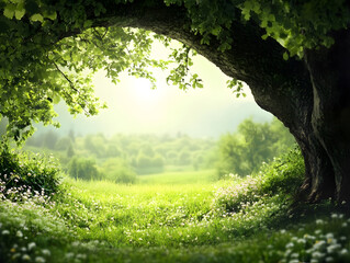 Aufkleber - Idyllic Sunlit Forest Canopy with Lush Green Trees and Vibrant Grass : Generative AI