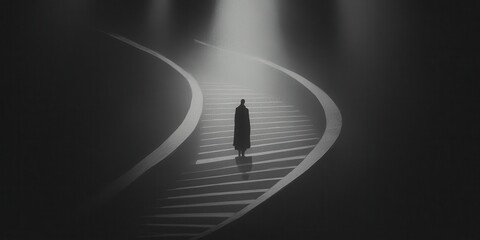 Poster - Contemplative figure walking on curved pathway dark environment artistic minimalist view emotive concept