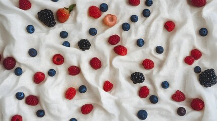 Wall Mural - Fresh Raspberries, Blueberries, and Blackberries on White Cloth