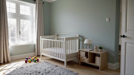 Fototapete - Sunlight illuminates a cozy nursery room with a crib, rug, toys, and furniture, creating a peaceful and inviting atmosphere in this slow motion video