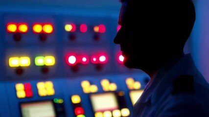 Poster - Profile view of an industrial engineer monitoring a complex control panel illuminated with colorful lights in a darkened room, creating a dramatic silhouette