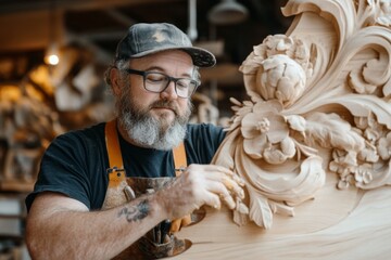 A woodworker carving an intricate relief sculpture into a large panel