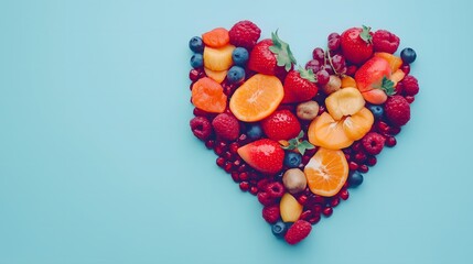 Wall Mural - Colorful Fruit Heart on Blue Background Shows Love and Healthy Eating