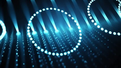 Poster - Abstract Blue Neon Rings: Abstract and vibrant, blue neon rings illuminate a dark background, creating an ethereal and futuristic vibe. The rings seem to float over a grid of tiny lights.