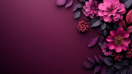 Wall Mural - Dark pink flowers, leaves, background, design, card