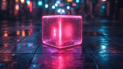 Canvas Print - Glowing cube, city street, night, rain, reflection, futuristic