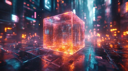 Canvas Print - Glowing Cube Cityscape Futuristic Hologram