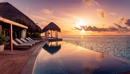 Wall Mural - sunset over a tranquil poolside retreat in paradise on a vibrant summer evening