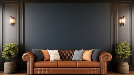 Poster - Couch with pillows and a potted plant in a bright living room interior design setup