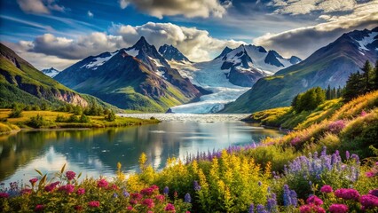 Wall Mural - Majestic Alaskan Landscape: Candid Shot of Serene Mountain Range and Glacier