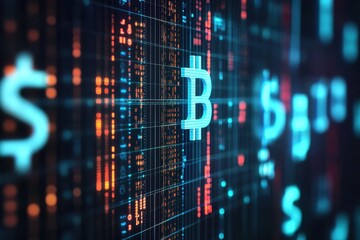 Poster - Abstract digital background with virtual currency symbols and blockchain network connections . A visual representation of Bitcoin alongside blockchain technology, .