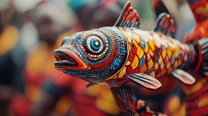 Wall Mural - Vibrant fish sculpture showcasing intricate patterns, reflecting cultural artistry through detailed craftsmanship and brilliant coloration