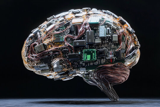 Futuristic brain design featuring circuit board elements merging technology with organic structure