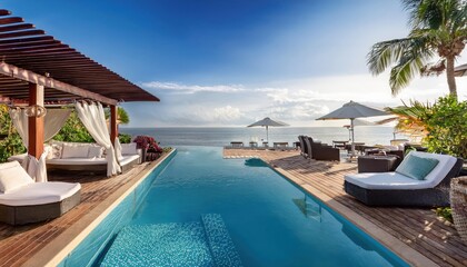 Wall Mural - relaxing by the vibrant poolside oasis under the summer sky with stunning ocean view