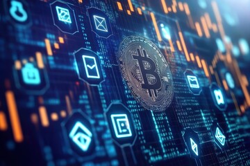 Poster - Abstract digital background with virtual currency symbols and blockchain network connections . A visual representation of Bitcoin alongside blockchain technology, .