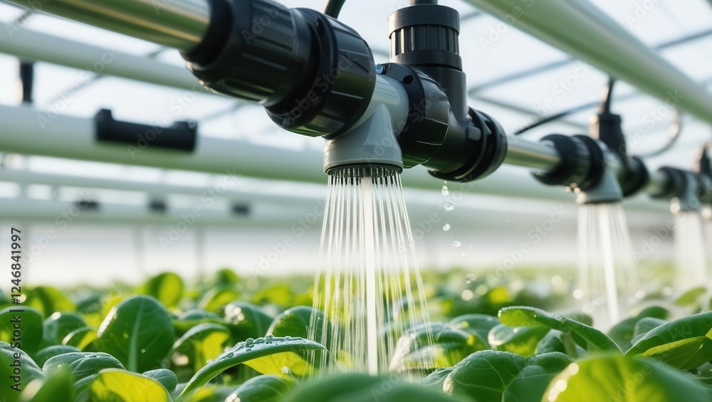 Efficient irrigation system for hydroponic lettuce farming greenhouse industry bright close-up