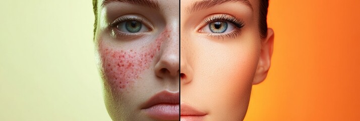 Poster - Comparison of acne and smooth skin showing the transformation in skincare effectiveness over time. Generative AI