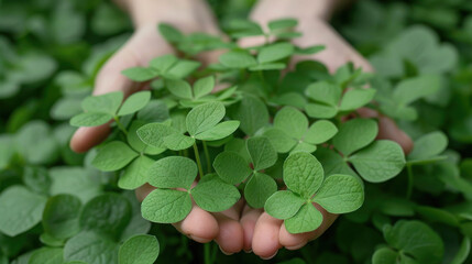 Wall Mural - person holds cluster of vibrant green clover leaves, showcasing nature beauty and growth