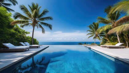 Wall Mural - vibrant summer oasis with stunning ocean view and tropical palms inviting relaxation