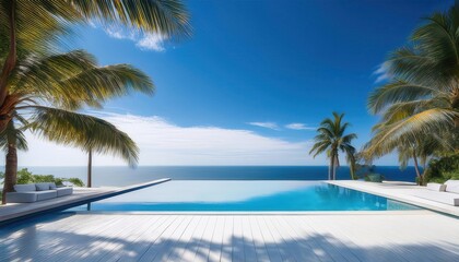 Wall Mural - vibrant summer day by the infinity pool overlooking the ocean and palm trees swaying