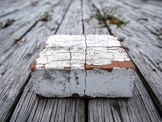 Poster - Weathered brick rests on aged wood with peeling paint and subtle green plant growth
