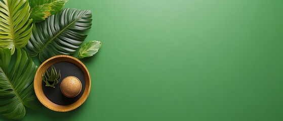 Poster - Bowl with plant on green background simple aesthetic home decor still life arrangement
