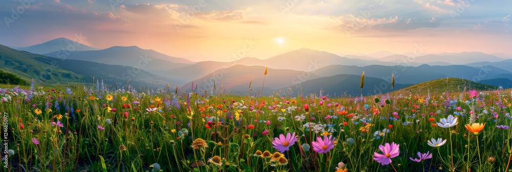 Spring green meadow with wild flowers, glass field with flowers in ...