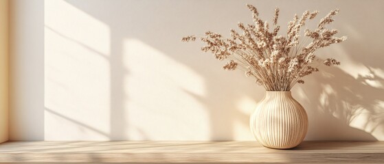 Poster - Dried grass in vase on wooden shelf with sunlight casting shadows on beige wall background