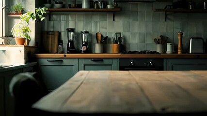 Poster - Natural light illuminates a vintage style kitchen, featuring a prominent wooden table, various kitchenware, and potted plants, creating a warm and inviting atmosphere