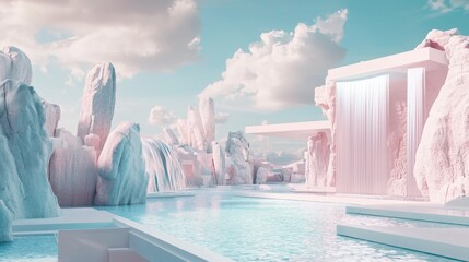 Poster - Floating waterfalls enchant a surrealistic pool surrounded by giant white rock formations bathed in soft pink and aquamarine hues under a beautiful sky