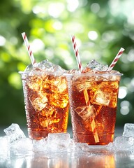 Poster - Refreshing iced drink with red and white straws on reflective surface with ice cubes and green bokeh
