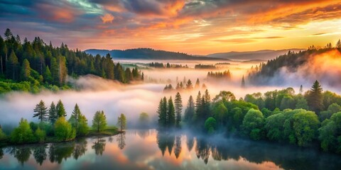 Wall Mural - Serene Sunrise Over Misty Lake with Lush Green Forest Landscape