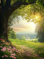 Poster - Serene Summer Landscape with Flowers and Sunlight Through Trees at Sunset : Generative AI