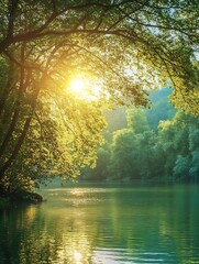 Poster - Serene Forest Lake and Golden Morning Sunlight Through Lush Tree Canopy Reflecting on Water Surface : Generative AI