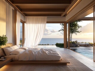 Wall Mural - A bedroom with a large window overlooking the ocean