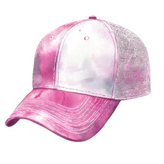 Aufkleber - A pink and white watercolor painted baseball cap with a mesh back is the subject of this image.