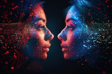 A mesmerizing digital art piece featuring two faces in profile, illuminated by vibrant colors and abstract patterns, evoking a sense of connection and duality.