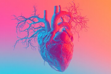 Poster - Vivid anatomical representation of the circulatory system showcasing veins, arteries and the heart in striking colors. Generative AI