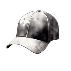 Aufkleber - A grayscale watercolor painting depicts a baseball cap with a dark crown and a lighter colored bill.