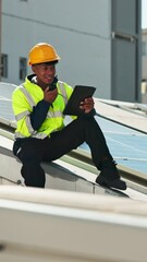 Poster - Tablet, solar panels and radio with man in city for communication, renewable energy and maintenance. Feedback, photovoltaic and engineering with person on rooftop for technician and inspection