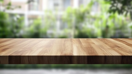Poster - Natural wooden surface shines in a bright contemporary kitchen setting, blending seamlessly with lush greenery visible through the blurred background. Ideal for showcasing culinary creativity