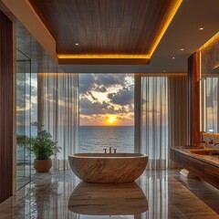 Wall Mural - A large bathtub is in a bathroom with a view of the ocean