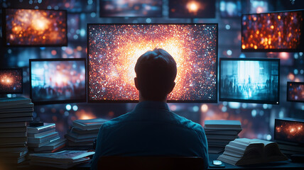 Wall Mural - man sits in front of large monitor, surrounded by multiple screens displaying vibrant cosmic visuals. Books and papers are stacked around him, creating atmosphere of deep focus and exploration