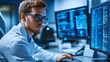 © Viacheslav - Focused professional in a lab coat and glasses intently working on complex data displayed on multiple monitors