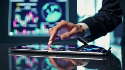 Aufkleber - Businessman interacting with a tablet, analyzing financial charts and data displayed on a large screen in the background, captured in slow motion