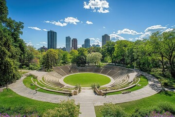 Poster - A wide-angle view of an amphitheatre set within a vibrant city park . A circular amphitheater in a park, encircled by lush green trees, creating a serene outdoor environment.