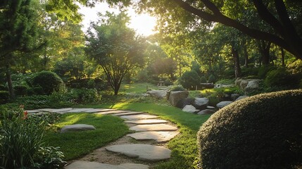 Poster - Beautiful garden pathway surrounded by lush green trees and sunlight : Generative AI