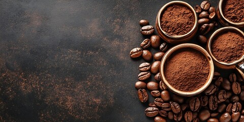 Poster - Rich aromatic coffee with cocoa powder and beans on a rustic dark background : Generative AI