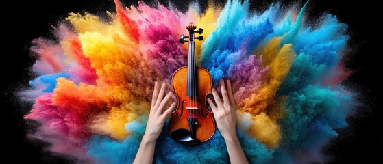 Poster - Violin held up in the air surrounded by a vibrant explosion of colorful powder